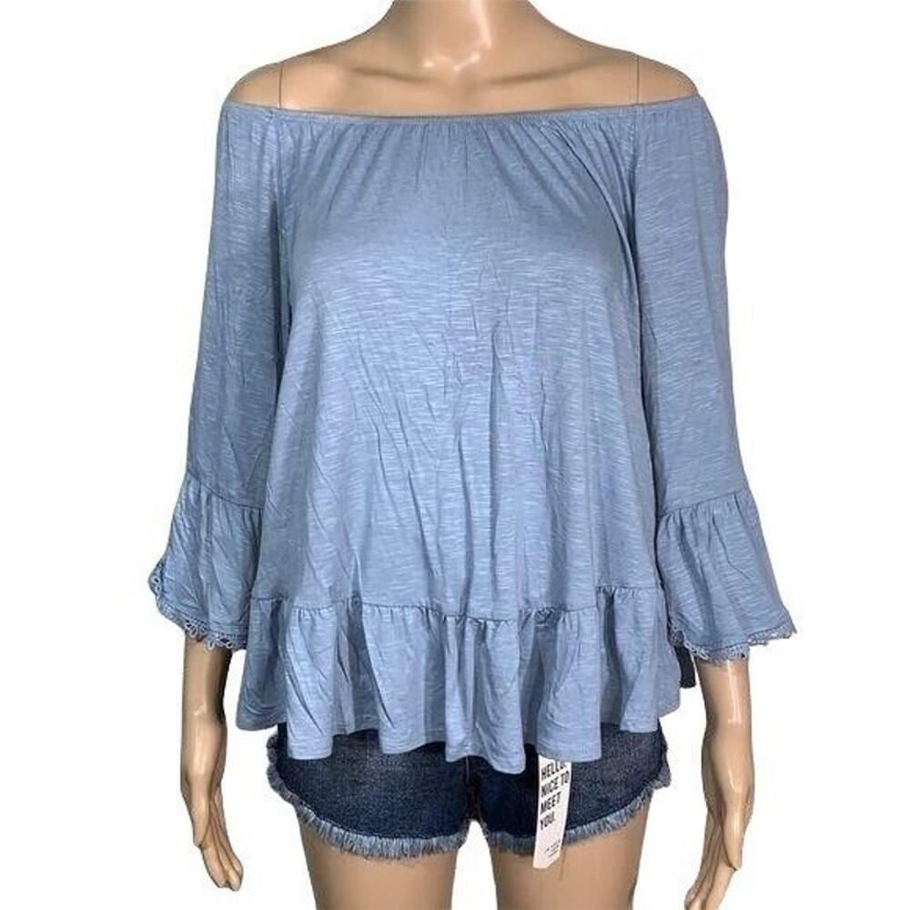 Style and Co Womens Peasant Top Blouse Off Shoulder Bell Sleeve Blue Small